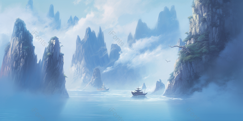 两条船峡谷河流中国风意境插画背景,插画/手绘图,插画/手绘图库,插画/手绘图下载,插画/手绘